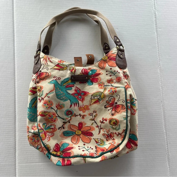 Lucky Brand Large Floral Bird Canvas Hobo Bag Tote Purse Bright Colorful VGUC - Picture 14 of 16